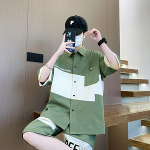 夏季新款套装青少年时尚潮流百搭衬衫短袖短裤套装男HJQ711-P65图片
