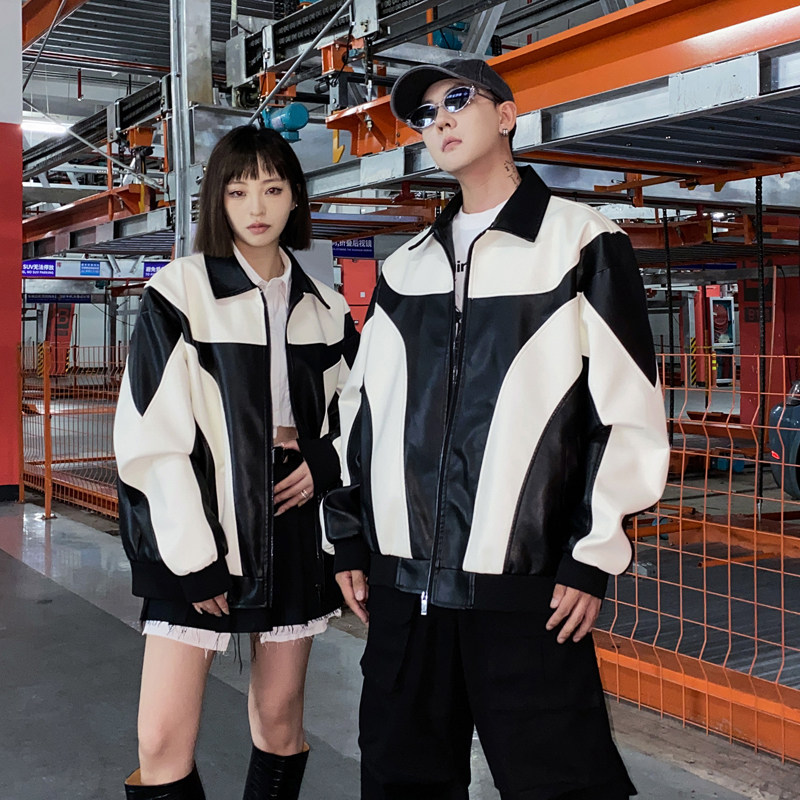 港风情侣皮衣男秋冬宽松青年拼接撞色休闲机车皮皮衣MJ6801-P75，男装皮衣，星座1206（原A206）