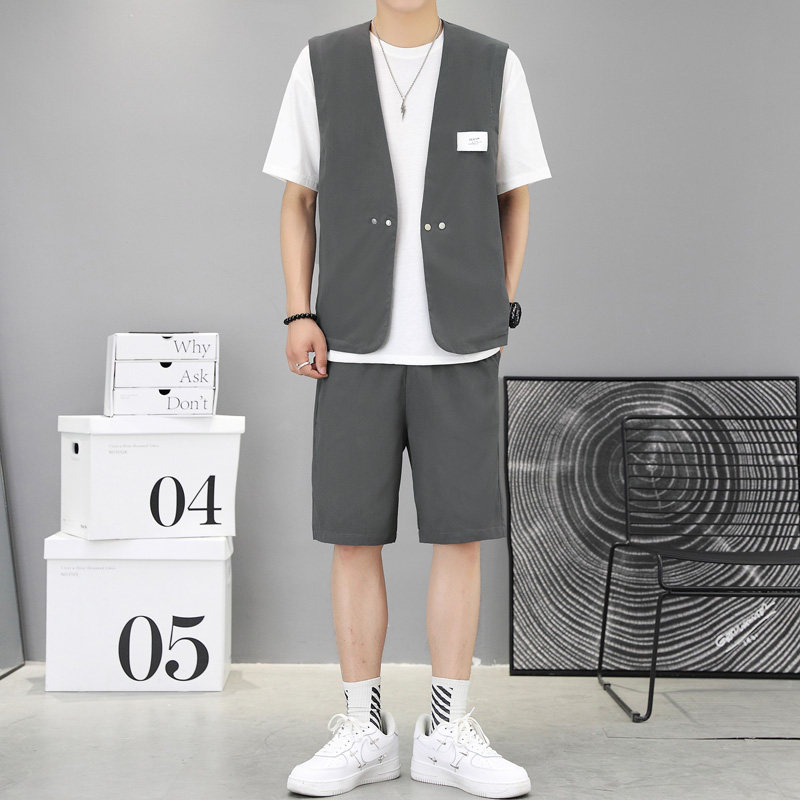 2022抖音得物纯色西装马甲男潮流套装宽松百搭短裤两件一套,男装休闲套装,星座1206（原A206）