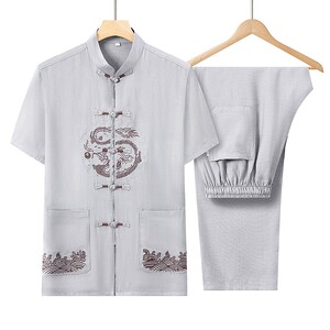 唐装男士夏薄款刺绣风爸爸装中老年短袖汉服套装HL6947-P75图片