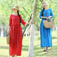 Đầm tay dài nữ xuân hè 2019 phong cách dân tộc nữ nghệ thuật retro in cotton và vải lanh - Váy dài váy maxi đẹp