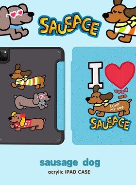 和风猫饭原创腊肠狗蓝色iPad保护壳亚克力笔槽旋转air7/10.2寸Pro11寸12.9寸mini76新款10代10.9寸华为A16