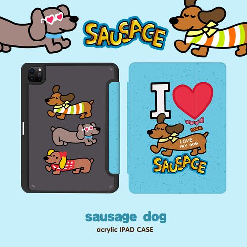 和风猫饭原创腊肠狗蓝色iPad保护壳亚克力笔槽旋转air7/10.2寸Pro11寸12.9寸mini76新款10代10.9寸华为A16