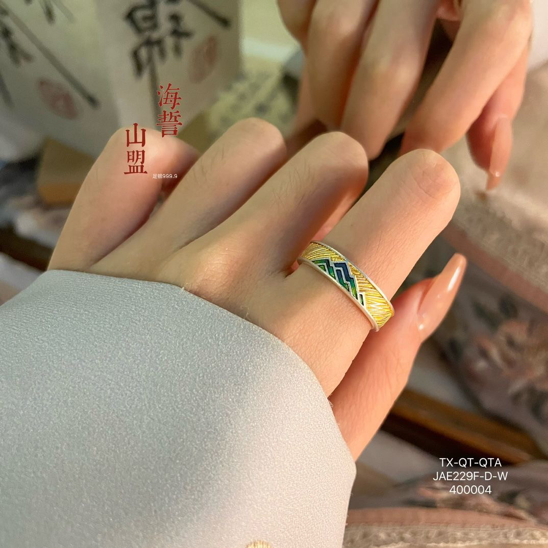 描金千里江山银戒指纯银珐琅彩戒指足银999.9新中式指环 蛇年礼物