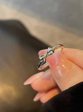 足银990蝴蝶结戒指女简约小众设计指环几何线条小清新食指戒流行