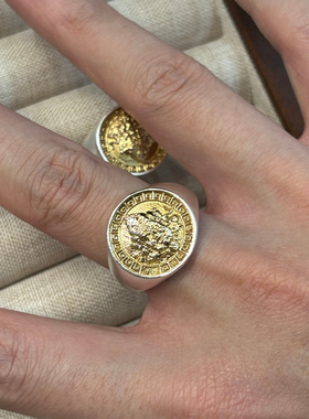 足银9999描金黄财神戒指男女款纯银复古民族风招财纳福食指环配饰