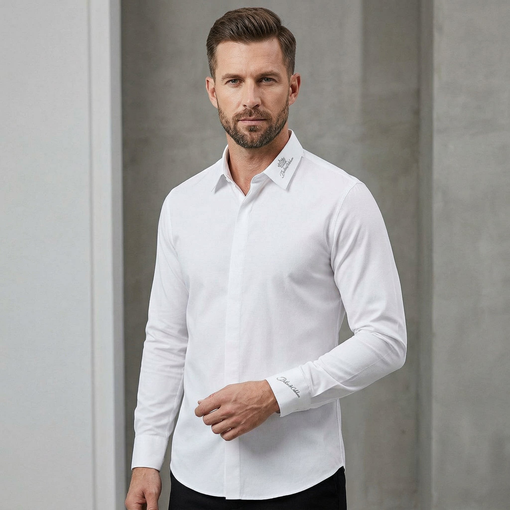 欧美轻奢男装领子袖口皇冠字母刺绣长袖衬衫高端商务纯棉修身衬衣