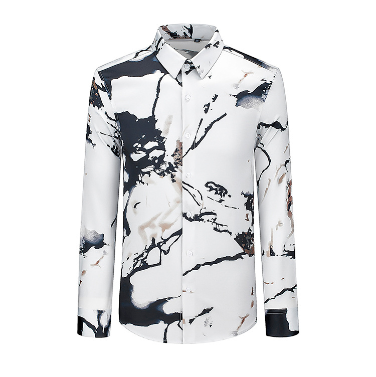 欧美轻奢男装水墨画涂鸦数码印花长袖衬衫高级感免烫丝滑修身衬衣