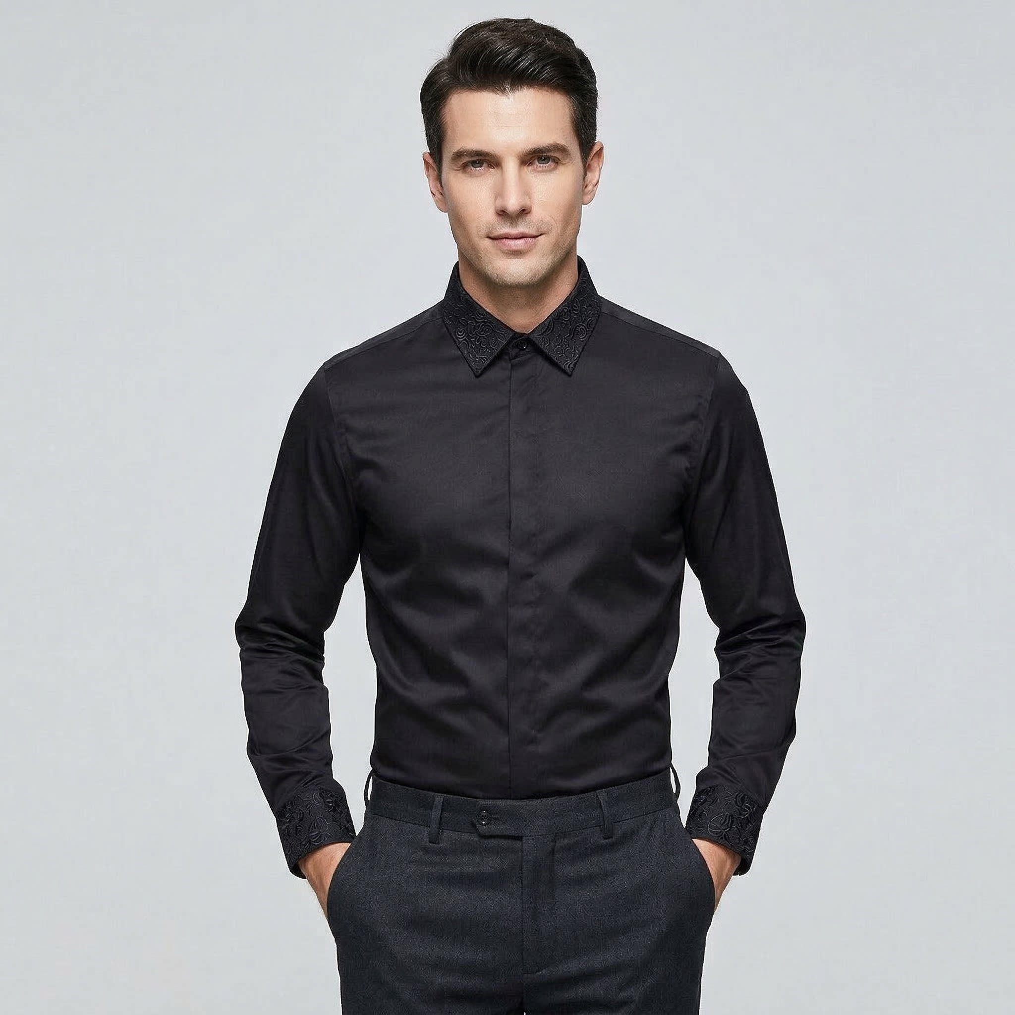 欧美轻奢男装领子植物花卉刺绣长袖衬衫袖口花朵绣花时尚修身衬衣