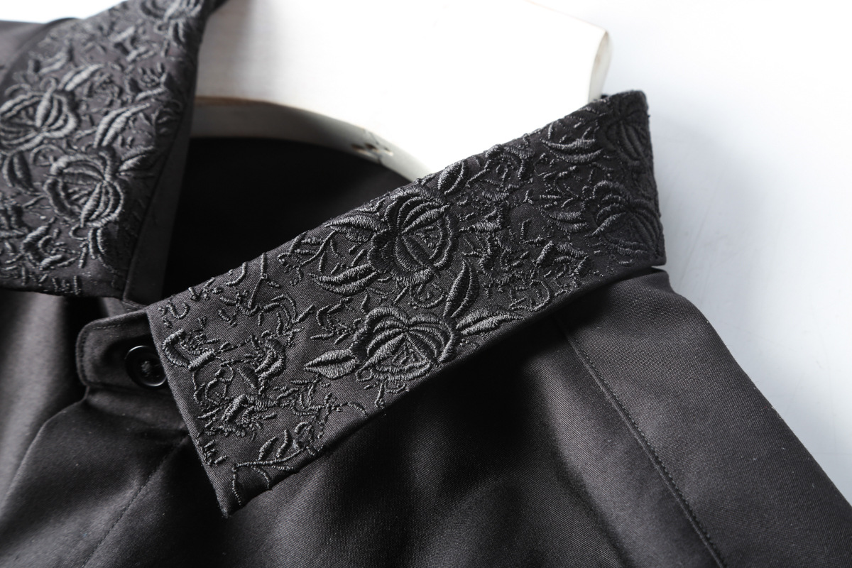 欧美轻奢男装领子植物花卉刺绣长袖衬衫袖口花朵绣花时尚修身衬衣