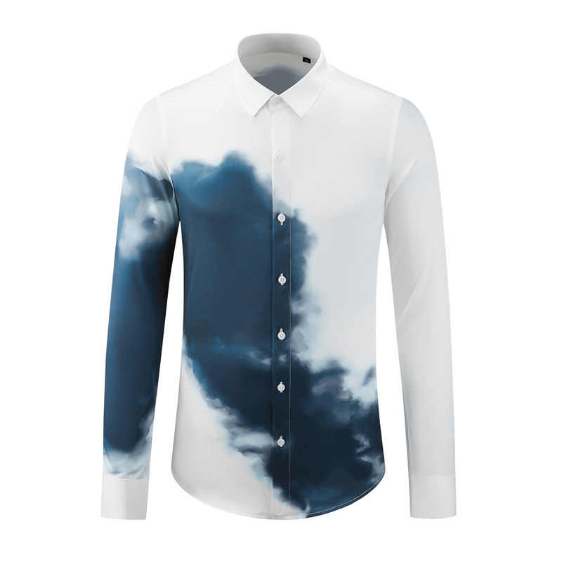 欧美轻奢男装蓝天白云水墨画印花长袖衬衫商务修身休闲免烫衬衣潮