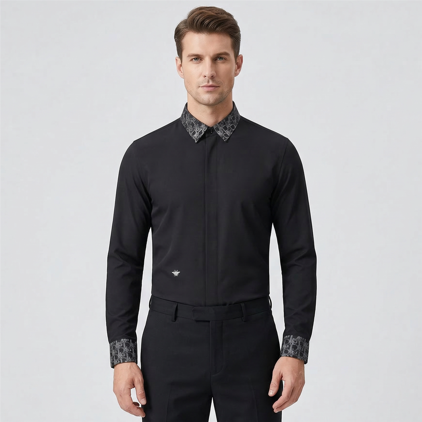 欧美轻奢男装领子袖口字母刺绣长袖衬衫透气小蜜蜂刺绣修身衬衣潮