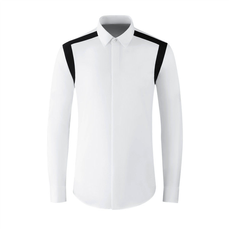 欧美轻奢男装肩部条纹线条拼接长袖衬衫高级感商务休闲修身衬衣潮