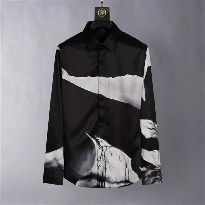 欧美轻奢男装中国风水墨画印花长袖衬衫抗皱免烫垂感丝滑修身衬衣