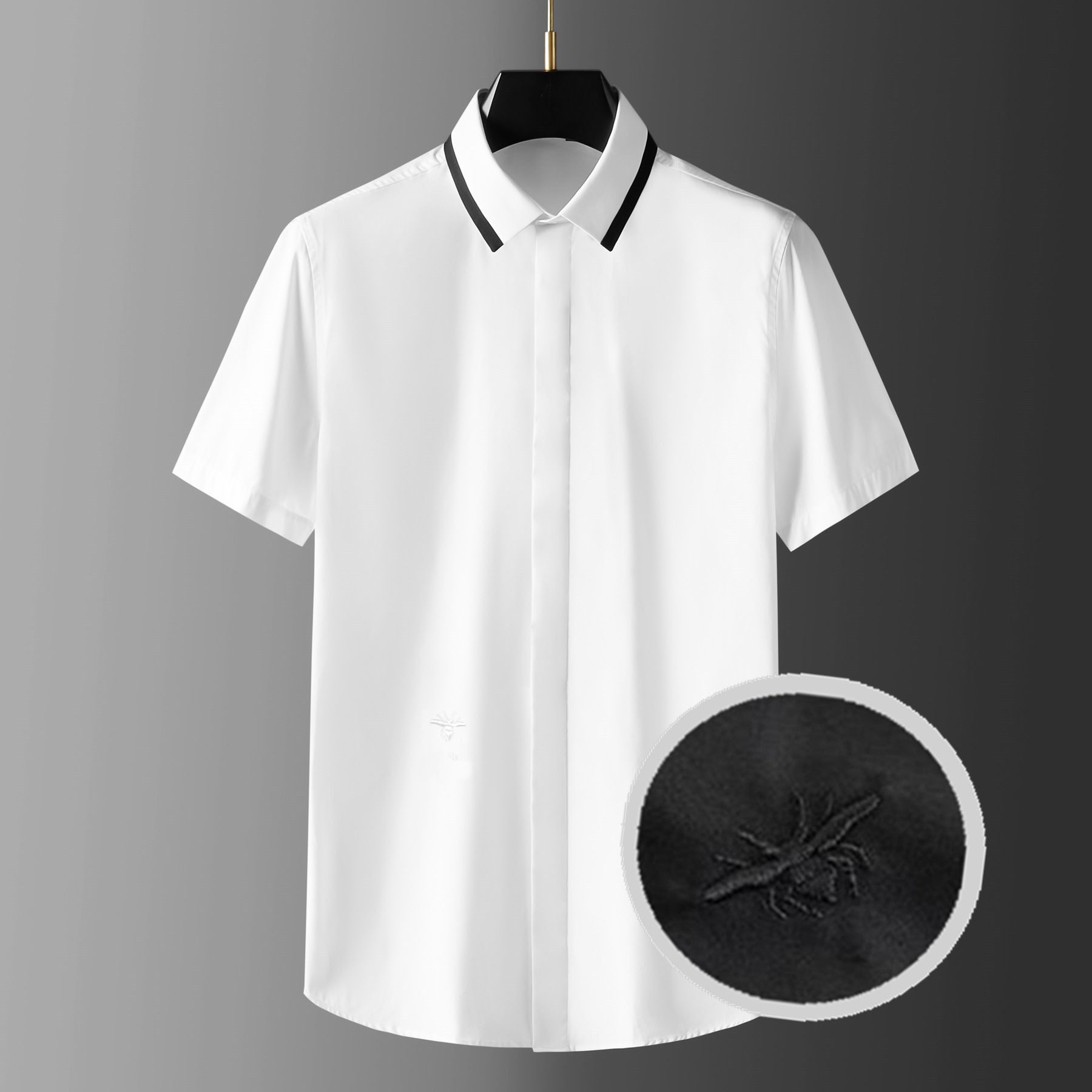 欧美轻奢潮牌男装领子黑白拼条纹织带短袖衬衫小蜜蜂刺绣修身衬衣