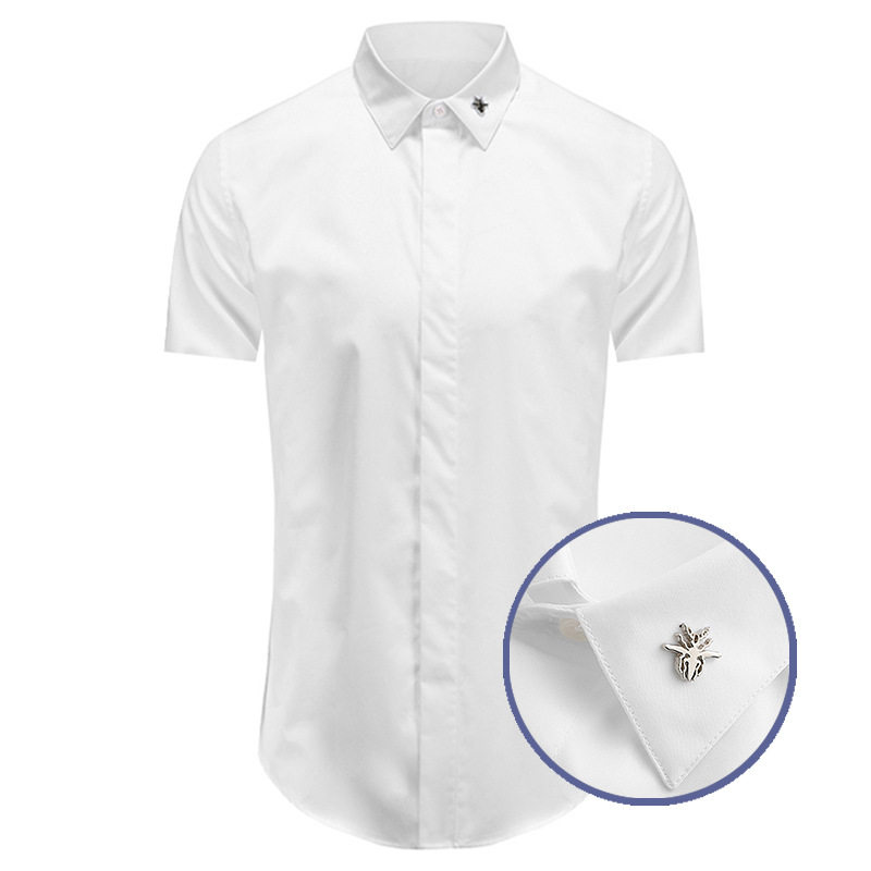 欧美男装领子金属小蜜蜂铆钉修身短袖衬衫高端商务绅士轻奢衬衣潮