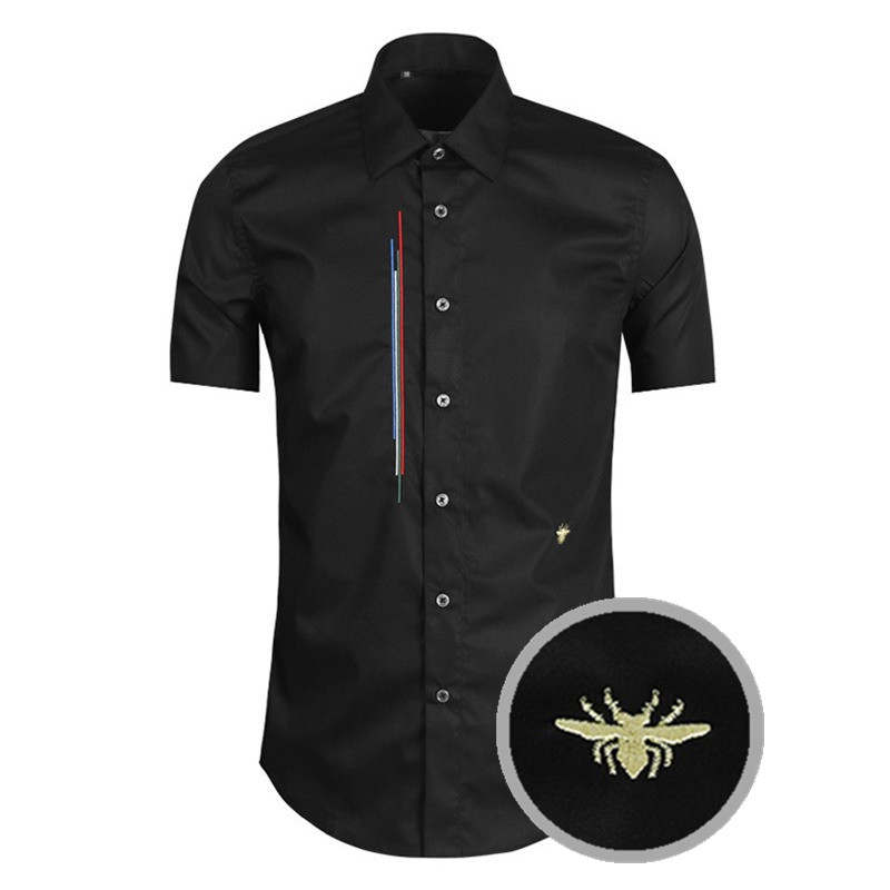 欧美男装夏季彩色竖条纹刺绣短袖衬衫金色小蜜蜂绣花纯棉修身衬衣