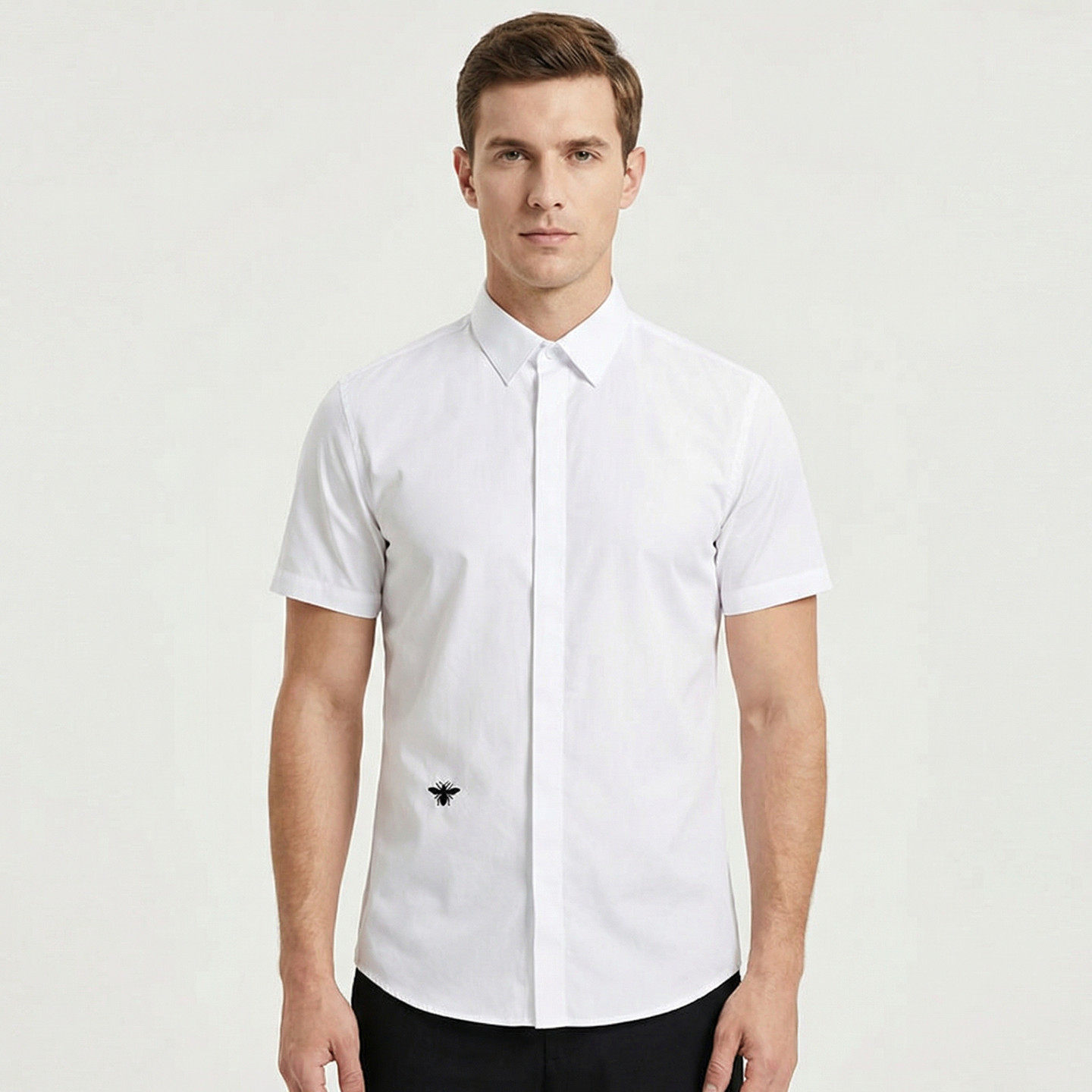 欧美轻奢男装小蜜蜂刺绣短袖衬衫高级感绣花商务纯棉修身半袖衬衣