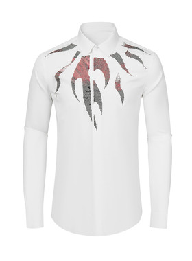 欧美轻奢男装红色火焰烫钻透气长袖衬衫高级感休闲亮钻修身衬衣潮