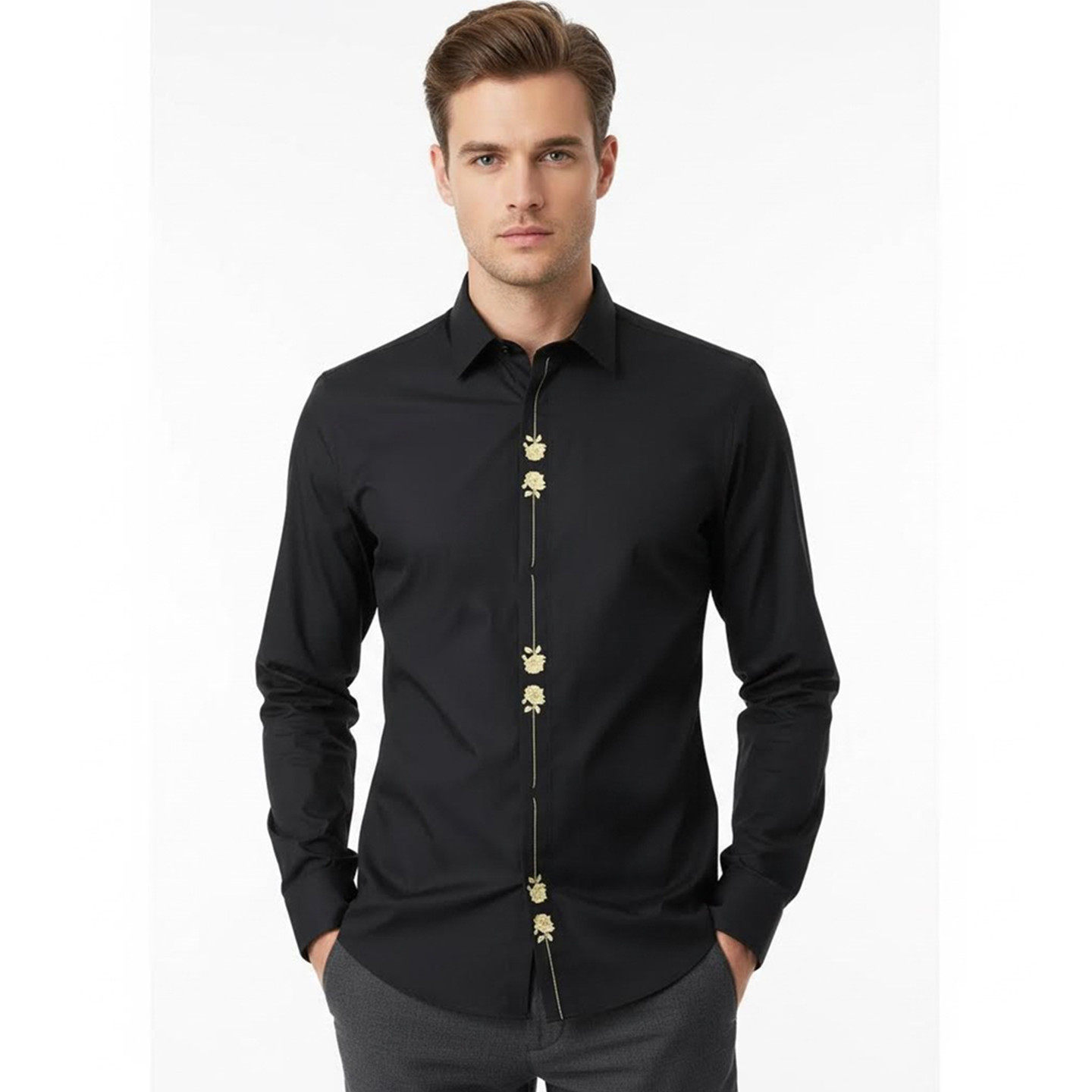 欧美轻奢门襟金色玫瑰花植物花卉刺绣长袖衬衫时尚全棉修身衬衣男