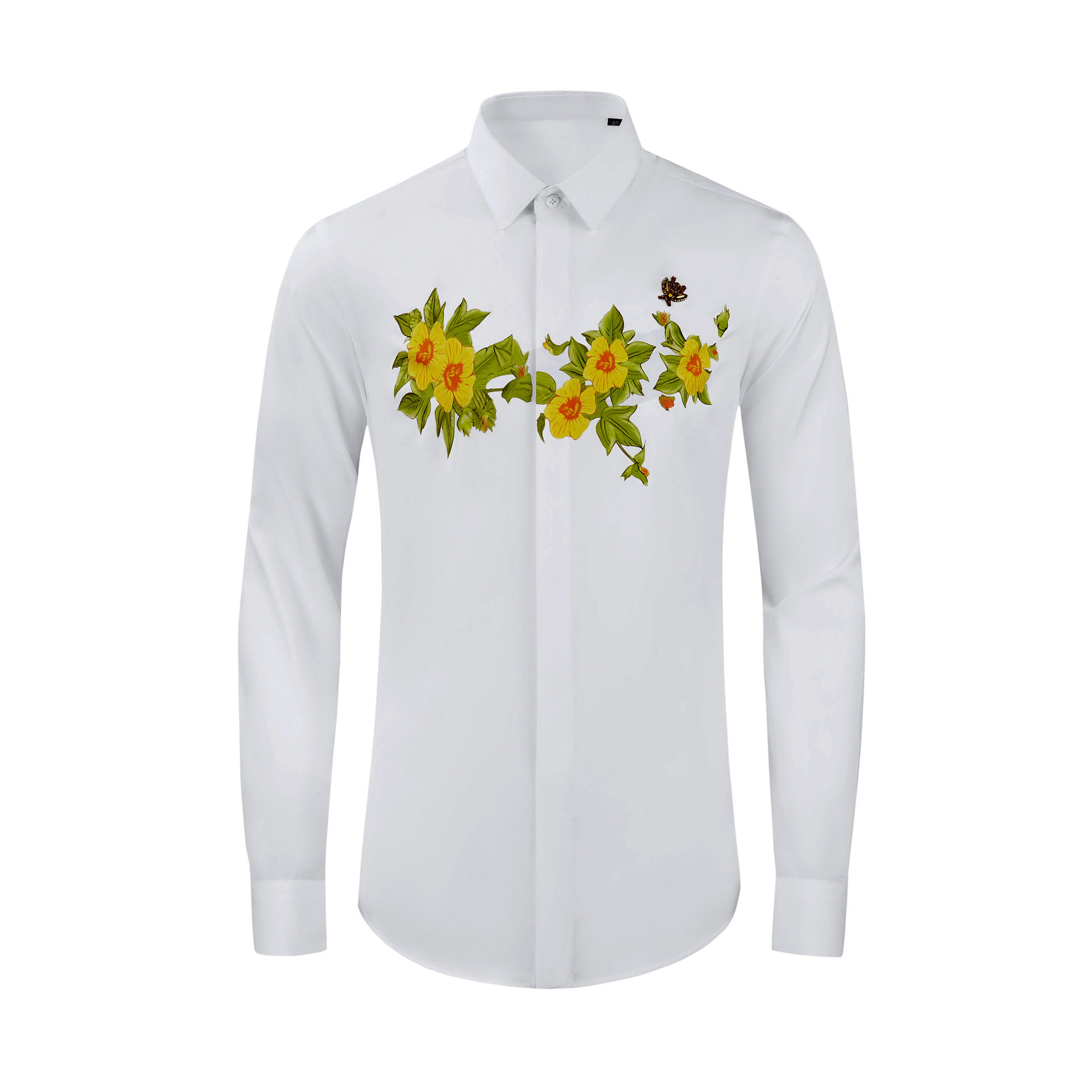 欧美轻奢男装茶花印花手工小蜜蜂长袖衬衫高级感商务休闲修身衬衣