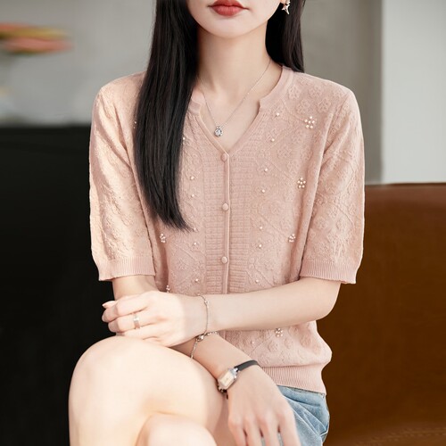 撤标撤柜（A）2026新V领提花钉珠针织短袖t恤女夏薄款冰丝针织衫
