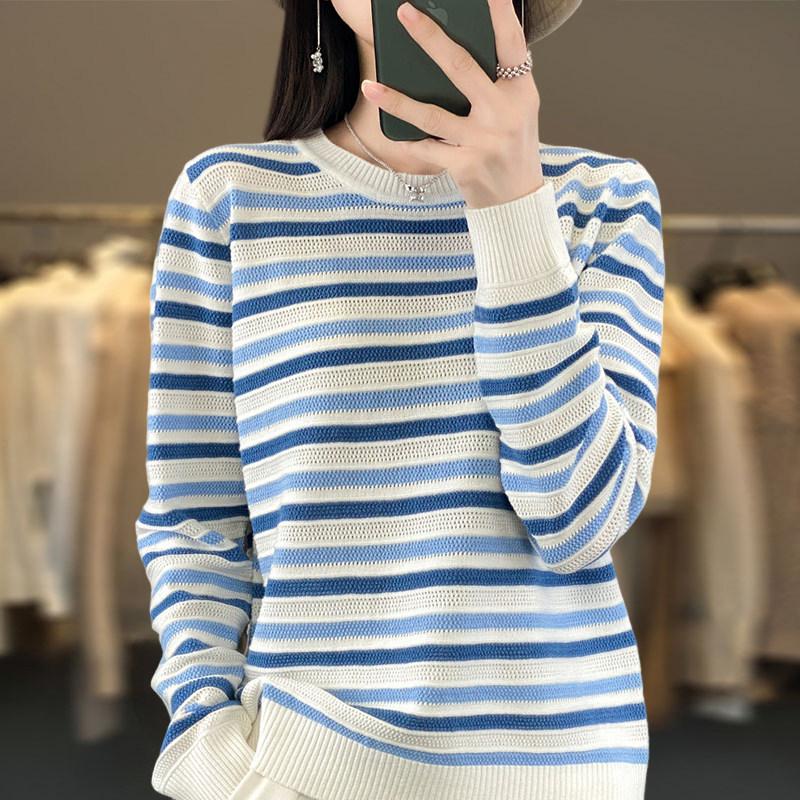 撤柜撤标(A)条纹针织打底衫女春秋流行内搭上衣洋气大码女装毛衣