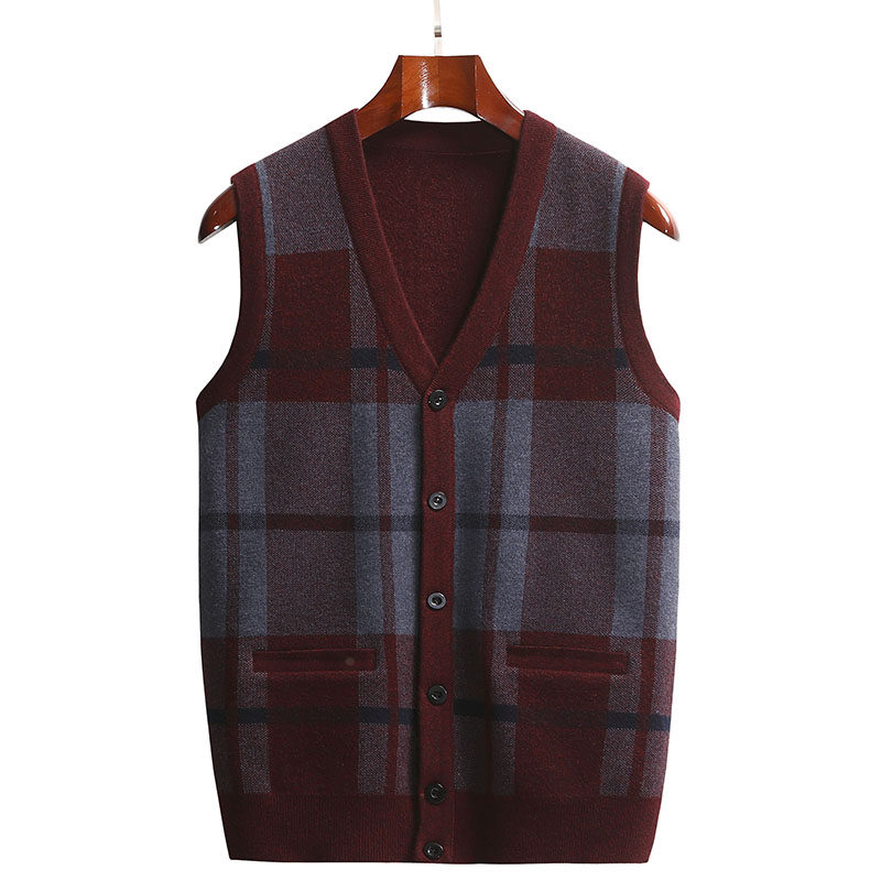 撤标撤柜(C)秋冬男士简约百搭撞色格纹双口袋V领休闲针织马甲