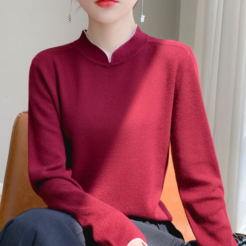 撤标撤柜旗袍领打底衫女春秋中国风大码长袖毛衣修身显瘦针织上衣