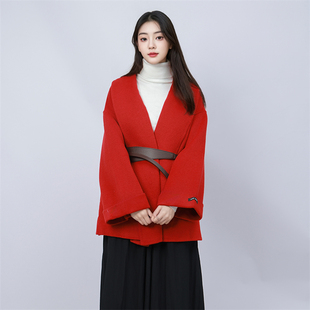 雅家 皮带宽松显瘦短款 撤标撤柜 时尚 毛呢大衣外套 秋冬女新款