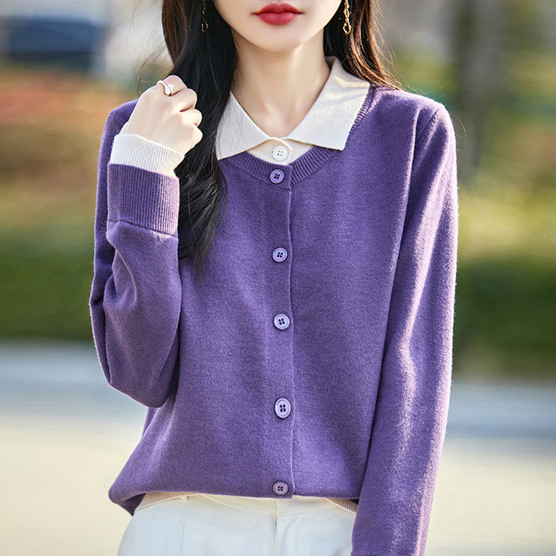 撤柜撤标(A)假两件撞色针织开衫外套女春秋款外穿大码女装毛衣