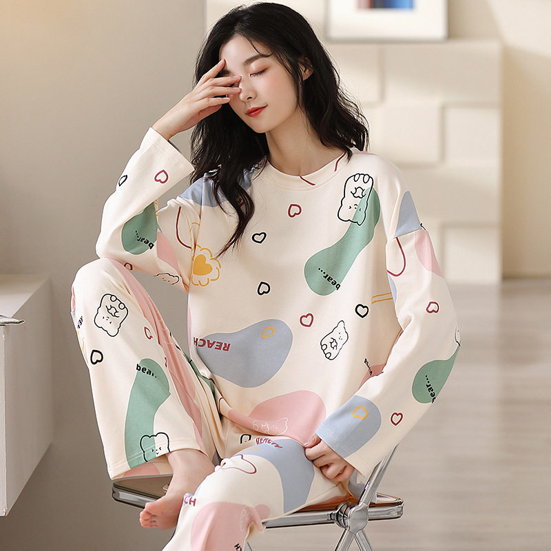 撤标撤柜（U）秋季套装纯棉可外穿女士家居服圆领套头两件套