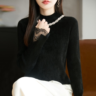 撤标撤柜（A）时尚蕾丝袖口减龄显瘦针织打底衫女款洋气秋冬毛衣