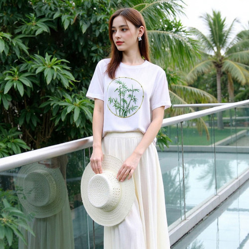 【雅家】撤标撤柜！2026春夏新款AB面薄款竹叶图案圆领短袖T恤女