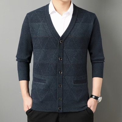 撤标撤柜(C)秋冬男士菱形格纹双口袋设计V领商务休闲针织开衫