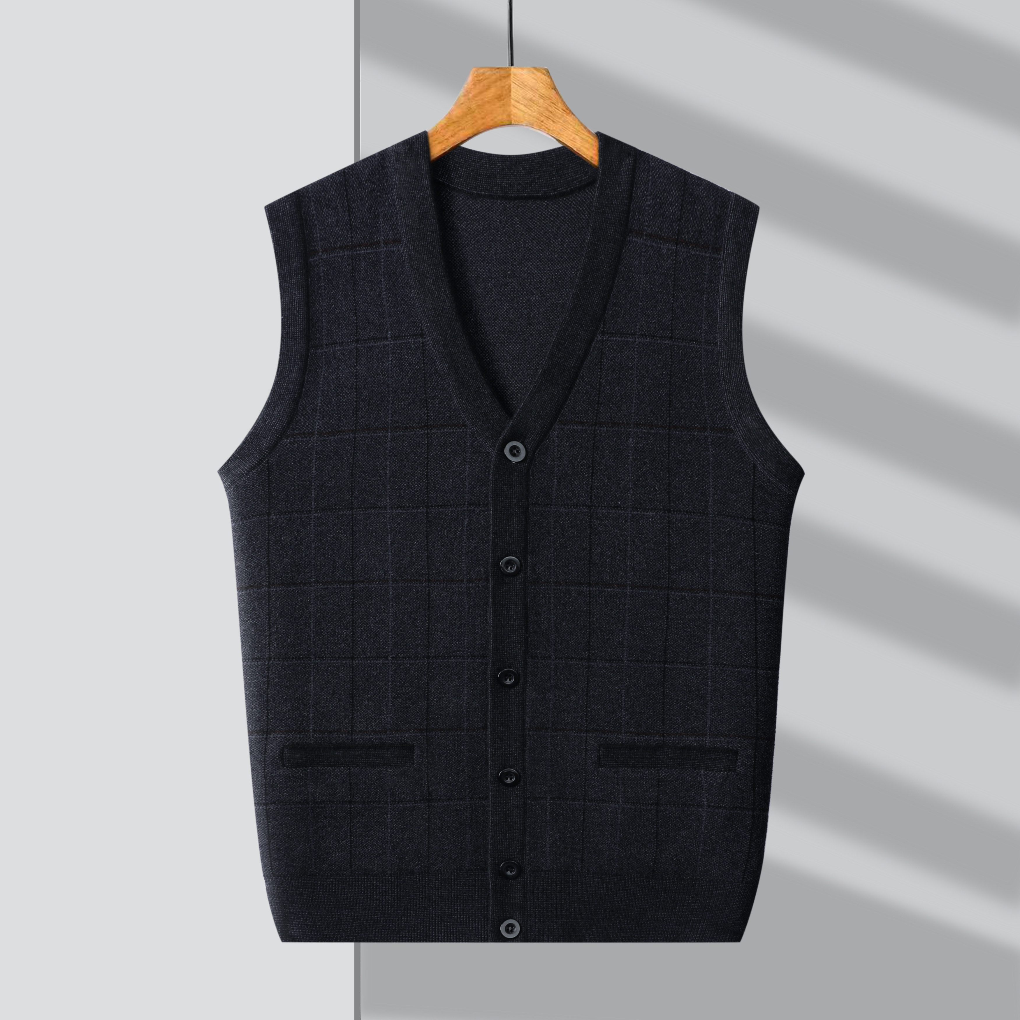 撤标撤柜(C)秋冬男质感细格格纹撞色双口袋设计V领针织马甲