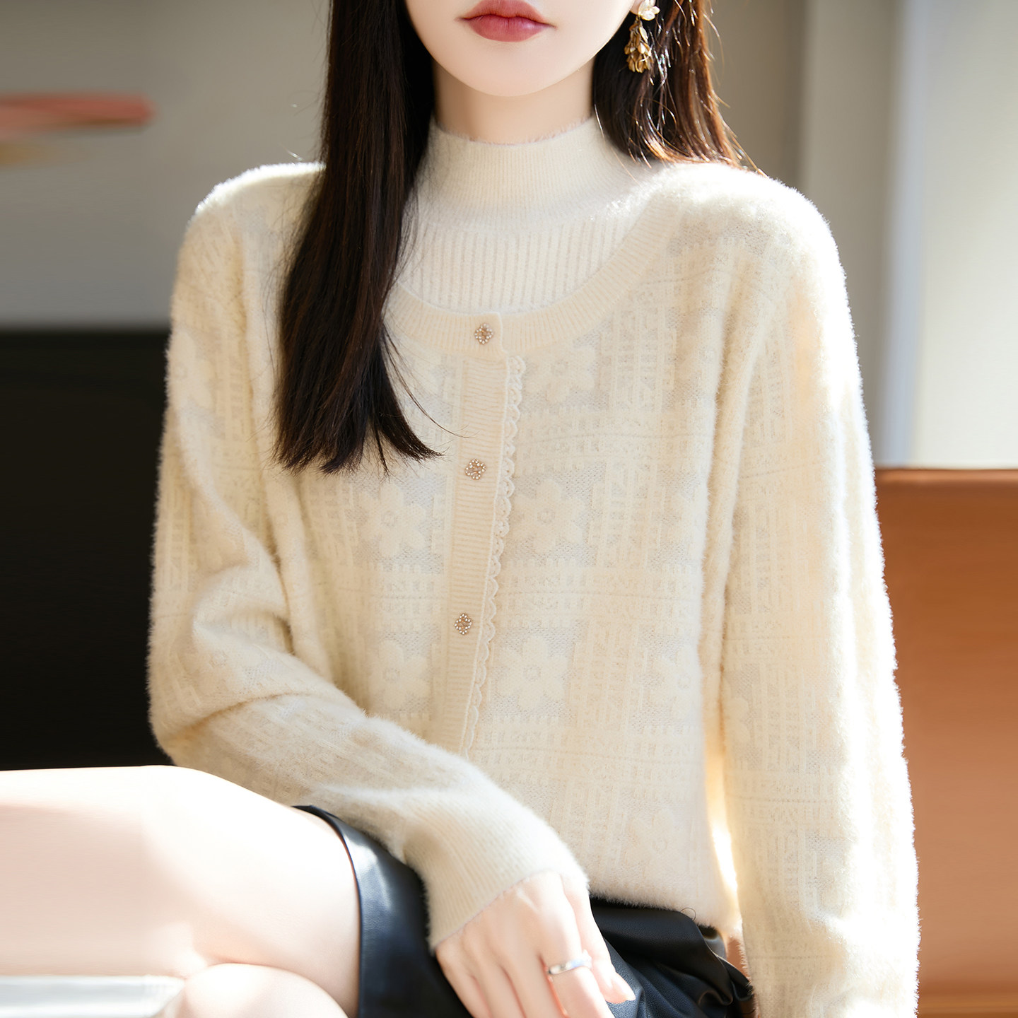 撤标撤柜（A）假两件半高领提花针织打底衫女2025款洋气秋冬毛衣