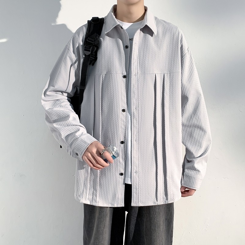 撤标撤柜（N）春秋华夫格纹理长袖衬衣男浅灰色宽松休闲叠穿上衣,男装,衬衫,淘宝优惠券,粉丝福利购,淘宝优惠卷