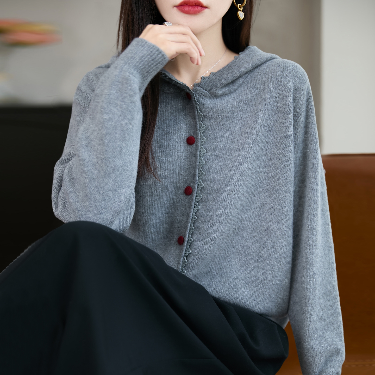 撤柜撤标(A)花边连帽卫衣针织开衫外套洋气大码女装上衣秋冬毛衣