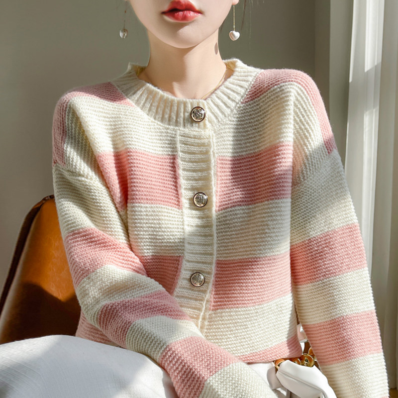 撤柜撤标(A)宽松款条纹针织开衫外套女春秋外搭洋气大码女装上衣,女装/女士精品,毛针织衫,淘宝优惠券,粉丝福利购,淘宝优惠卷