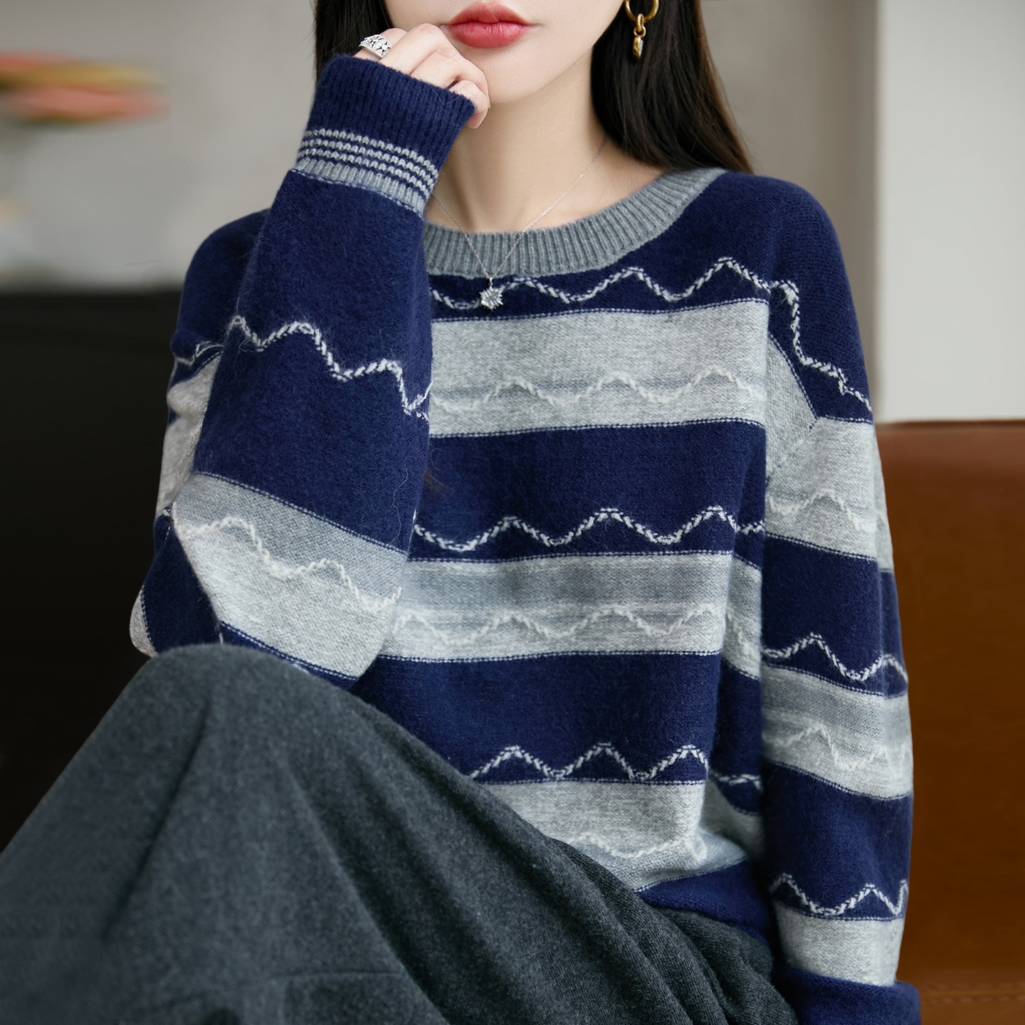 撤标撤柜（A）时尚宽松撞色条纹针织打底衫女2025款洋气秋冬毛衣,女装/女士精品,毛针织衫,淘宝优惠券,粉丝福利购,淘宝优惠卷