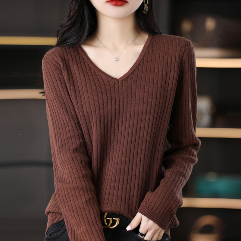 撤柜撤标V领坑条针织打底衫女春秋内搭上衣洋气大码女装毛衣
