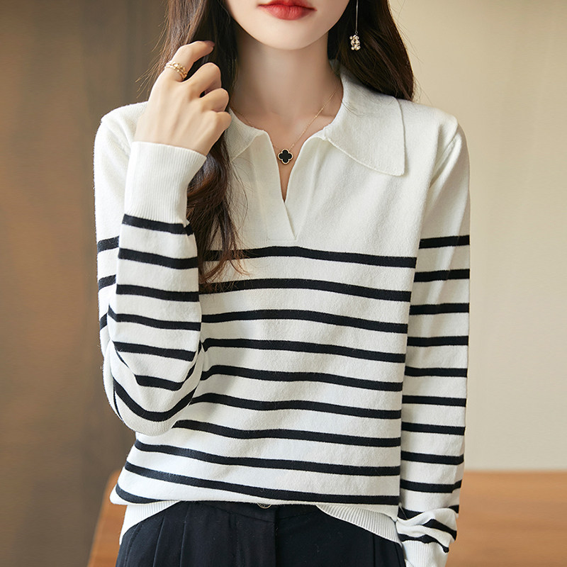 撤柜撤标(A)翻领条纹针织打底衫女春秋流行内搭上衣洋气女装毛衣