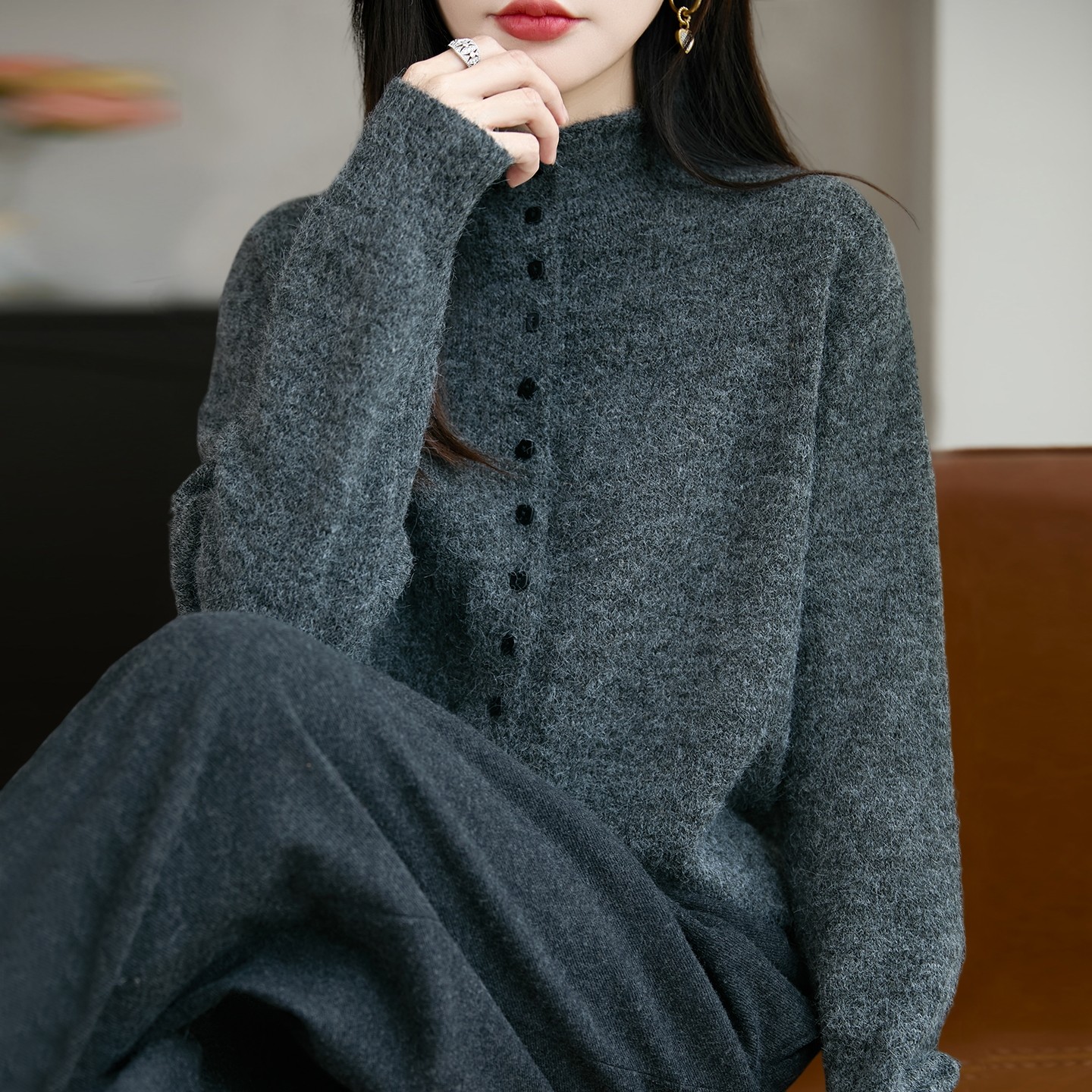 撤标撤柜！半高领厚款纽扣针织开衫外套女洋气女装上衣秋冬毛衣,女装/女士精品,毛针织衫,淘宝优惠券,粉丝福利购,淘宝优惠卷