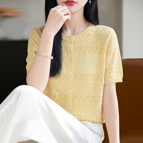 撤标撤柜（A）2026新款镂空提花针织短袖t恤女夏季薄款冰丝针织衫