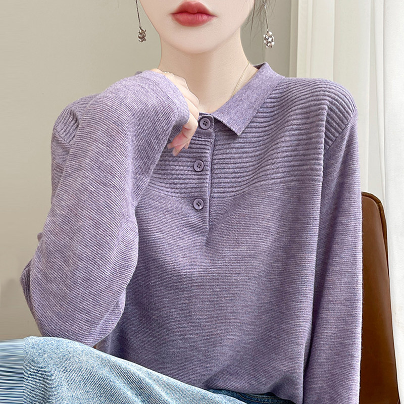 撤柜撤标(A)翻领针织打底衫女春秋流行内搭上衣洋气大码女装毛衣