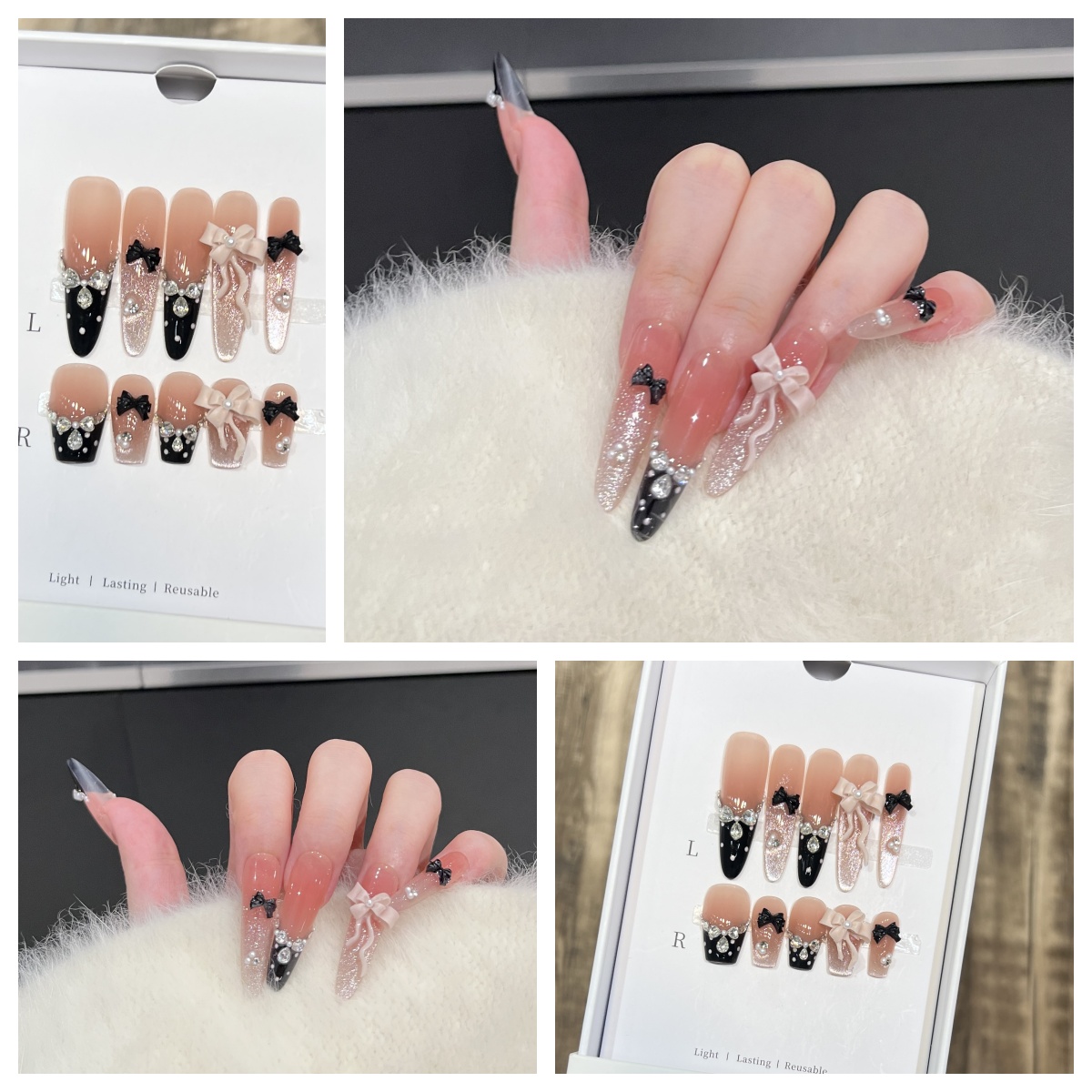 法式晶石猫眼蝴蝶结美甲