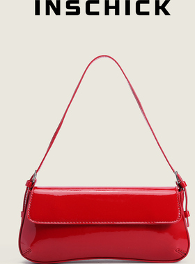 红色法棍腋下包2025春夏新品时尚简约通勤翻盖复古红色单肩包