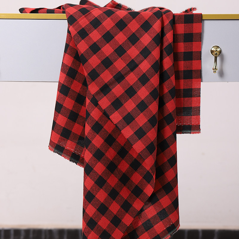 复古红黑磨毛格子涤棉布料春秋休闲衬衫裤裙桌布DIY手工服装面料