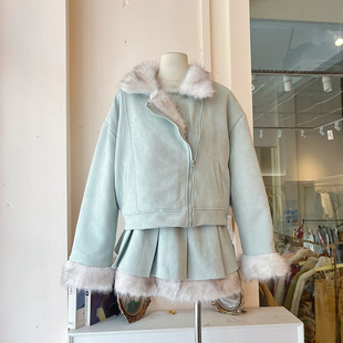 T5229 秋冬气质百搭大毛领蓝色外套裙子套装 LHTE青青大码 女装